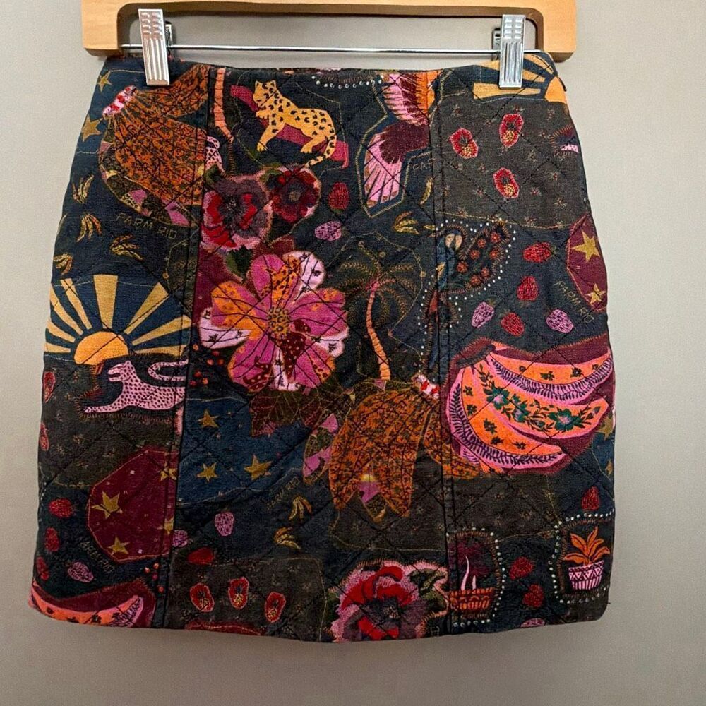 Farm Rio Anthropologie XS Quilted Mini Skirt Purple Orange Tigers - Picture 3 of 8